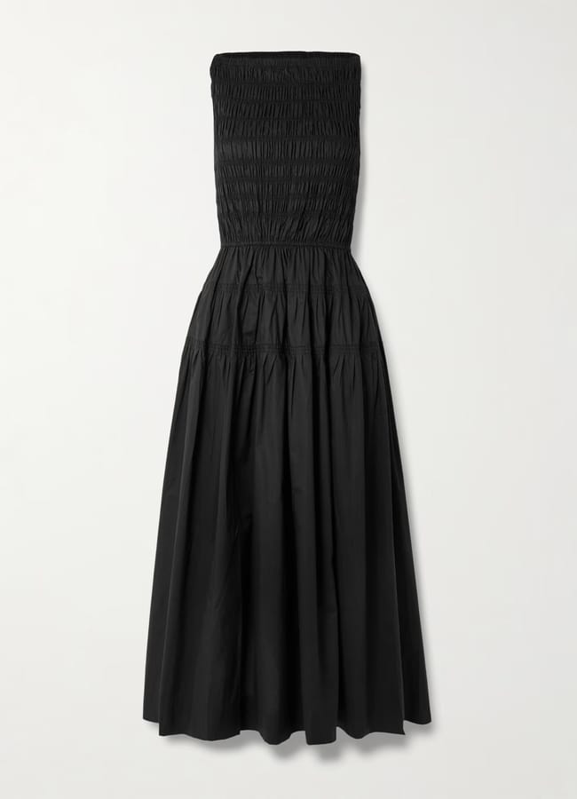 A strapless black midi dress with a shirred, fitted bodice and a gathered, flared skirt, displayed on a plain white background—perfect for embracing spring summer 2026 fashion trends.