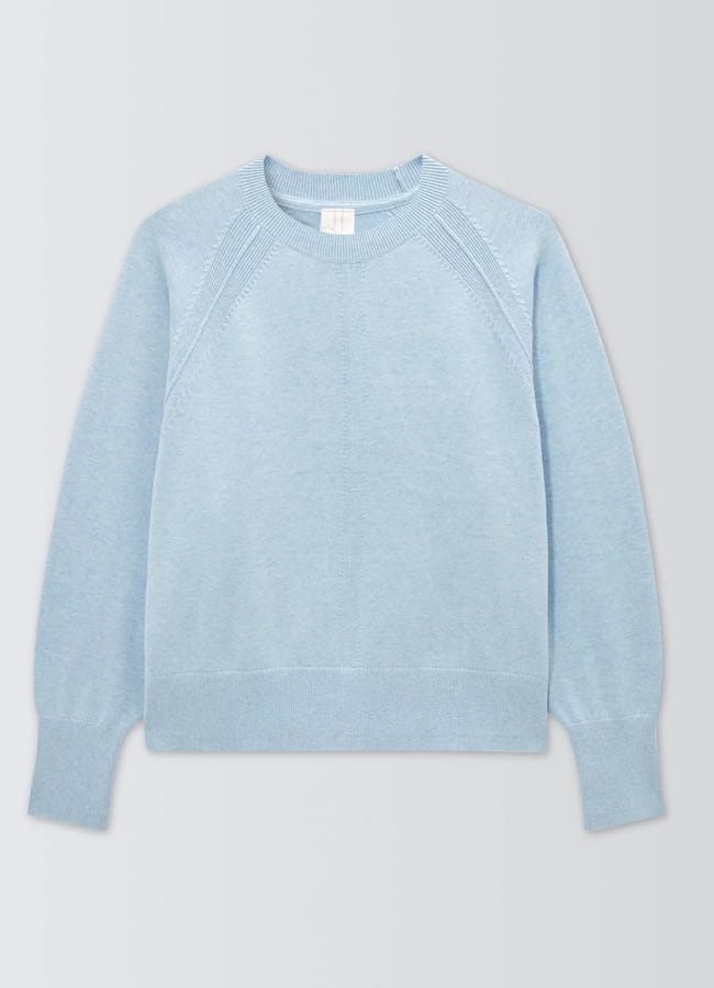 Light blue sheer long-sleeve jumper with ribbed crew neckline, cuffs, and hem, displayed flat on a plain light background.