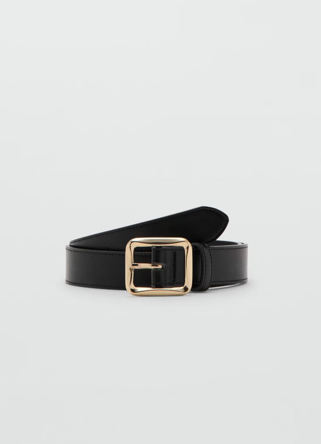 A black leather belt with a large, square gold buckle—perfect to recreate your favourite wardrobe looks or add an Insta dupe accessory, displayed against a plain light grey background.