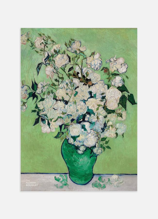 A painting of white roses in a green vase, set against a light green background. Some petals are scattered on the table below. Perfect for adding textured, impressionist charm to your green décor.