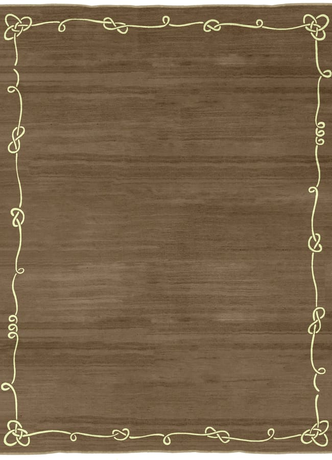 A rectangular brown rug with a subtle gradient pattern and a simple, thin yellow border featuring a looping, vine-like design—perfect for Interiors Insider style.