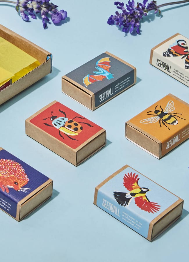 Five small rectangular boxes with colourful illustrations of animals and insects—including a bat, butterfly, ladybird, bee, hedgehog, and bird—are arranged on a blue surface with sprigs of lavender nearby, making them perfect as best Easter gifts.
