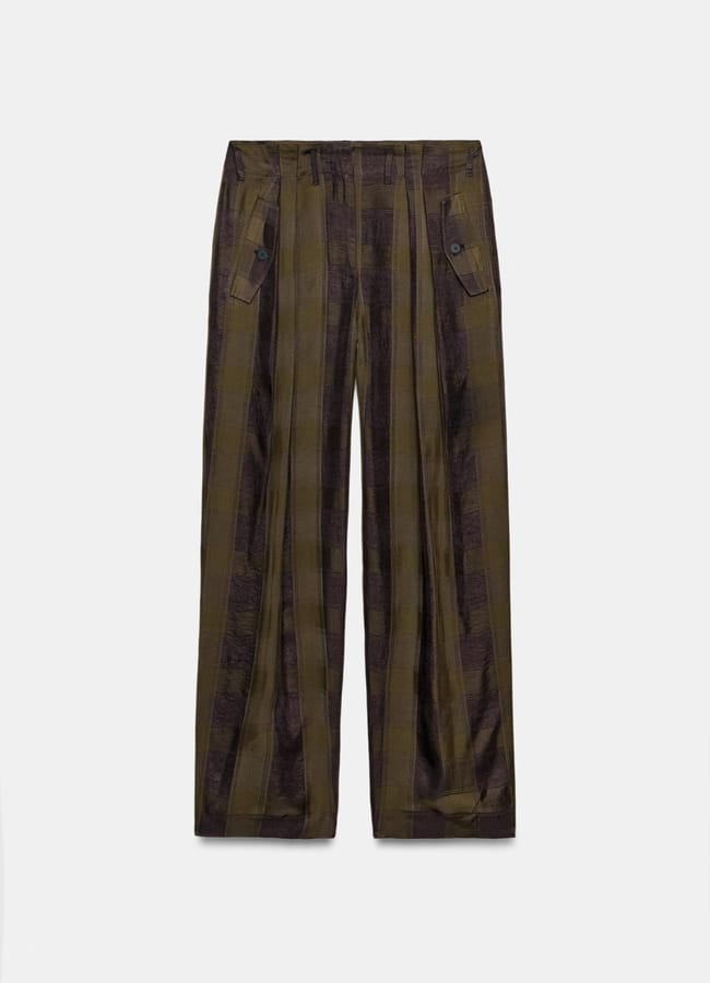 Wide-leg trousers with a brown and green checked pattern, featuring pleats and side pockets with buttoned flaps—perfect to recreate outfits or find Instagram dupes from my shop my wardrobe collection. Displayed against a plain white background.