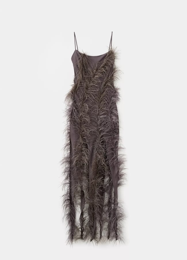brown strappy dress with feathers and fringed hem by mango