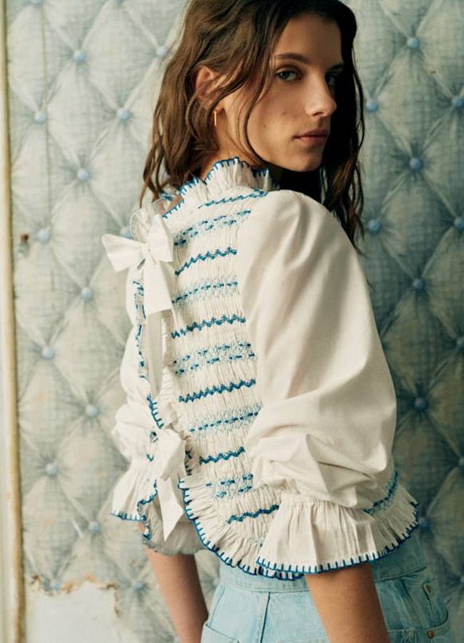 april payday wishlist- Adam Blouse Placed Blue Embroidery on Ecru Background