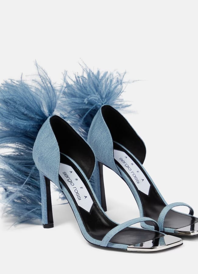 Area x Sergio Rossi Amazona feather-trimmed denim sandals