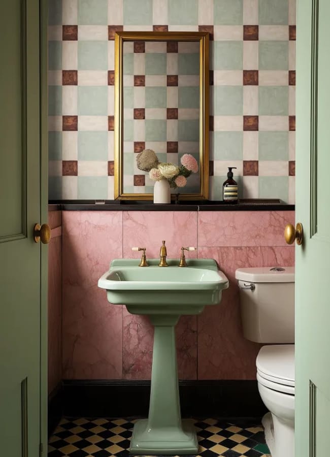 bathroom with pink sink and green and brown geometric tile print wallpaper