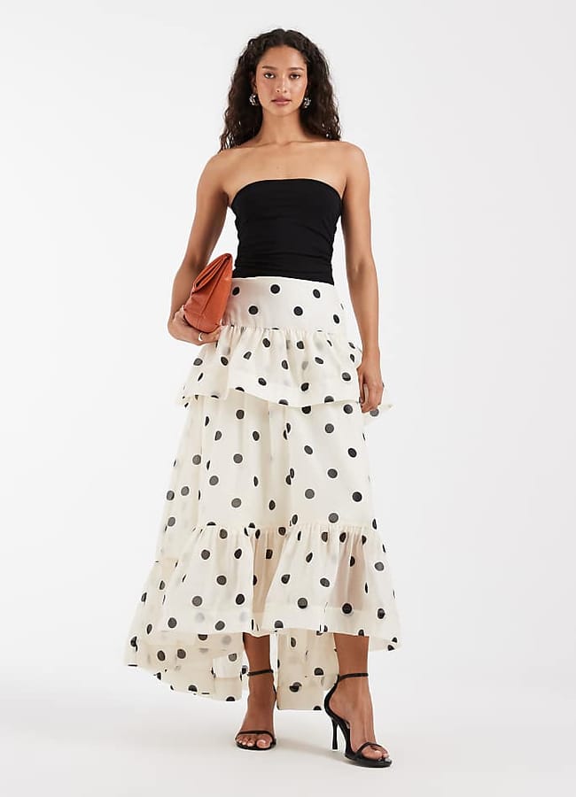 ASOS Vero Moda exaggerated ruffle detail maxi skirt in cream and black polka dot £60.00£60