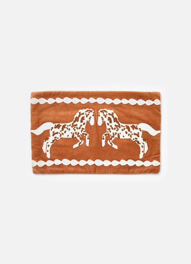 Brown & Cream Embroidered Horse Velvet Cushion Cover 30x50cm