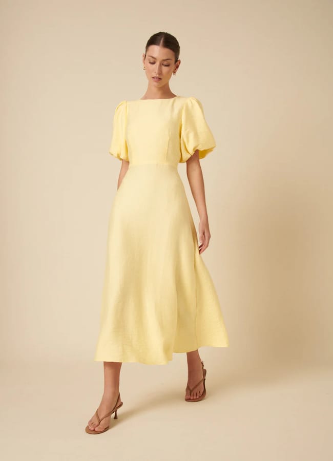 Butter Yellow Puff Sleeve Zola Midi Dress