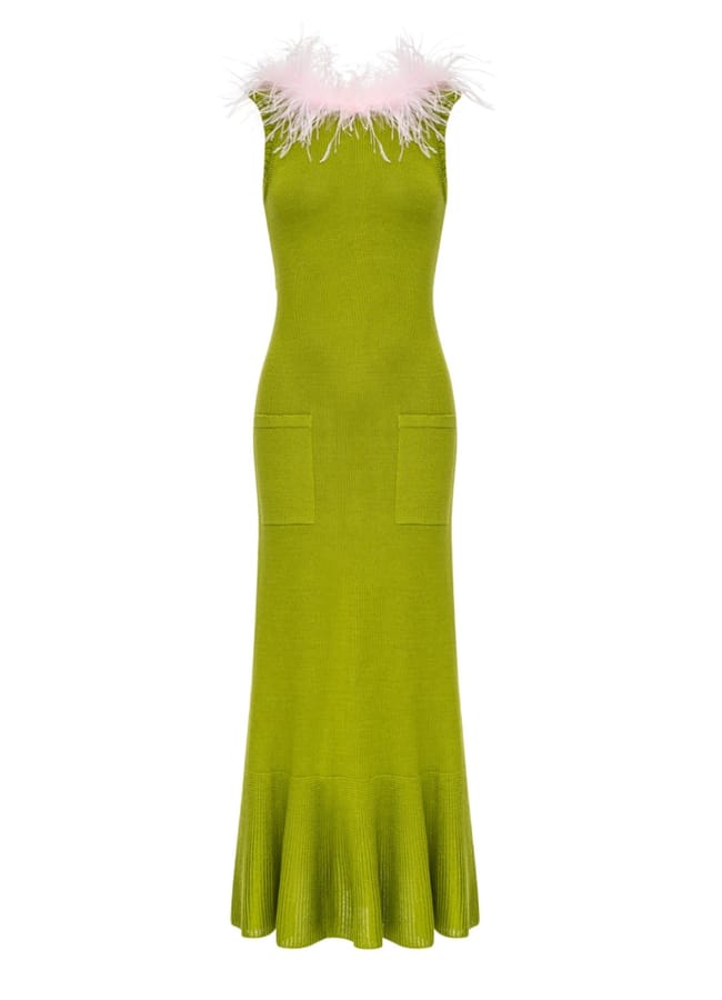 Chrysanthemum Green Knit Dress With Pink Real Ostrich Feathers Details