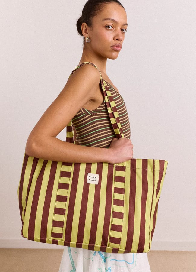 damson madder large canvas tote bag - green stripe £38