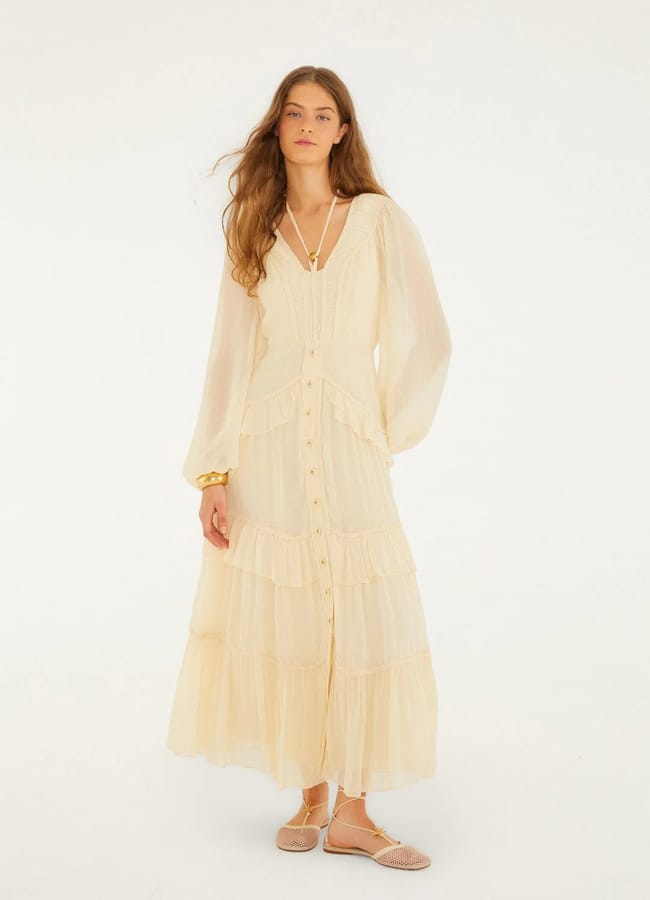 farm rio butter yellow ruffled buttoned maxi dress £410
