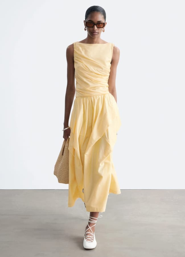 Gathered Cotton yellow Midi Skirt