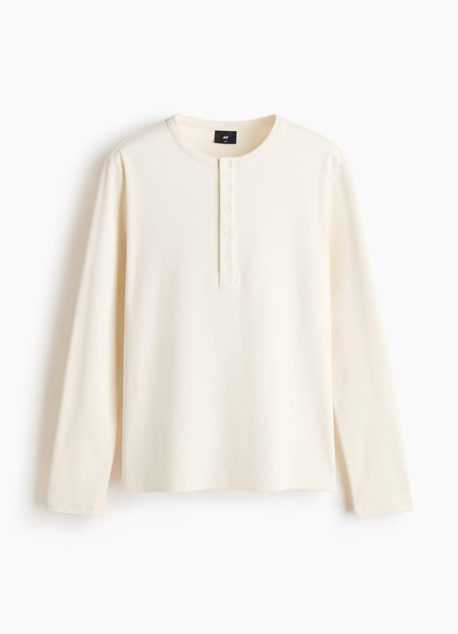 H&M Slim Fit Ribbed Henley shirt in cream