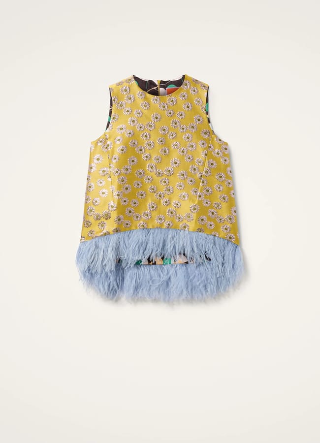 yellow jacquard floral print top with blue feathers