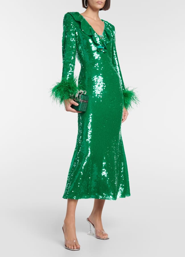 model wearing bright green Midi dresses Self-Portrait Feather-trimmed sequined midi dress