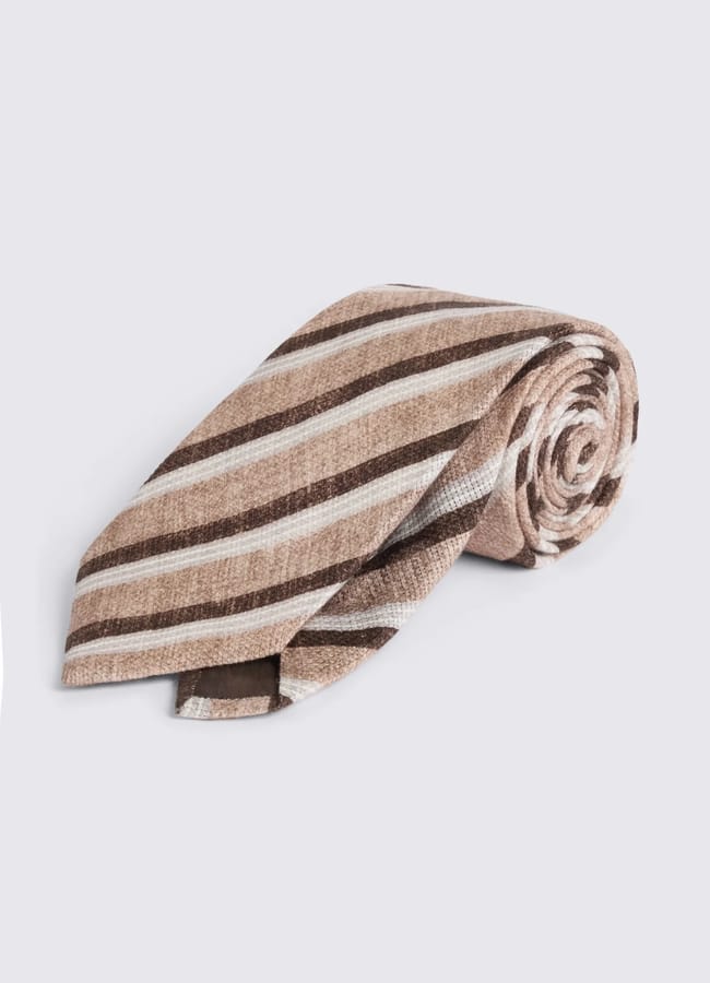 MOss Italian Brown & White Stripe Linen & Cotton Tie
