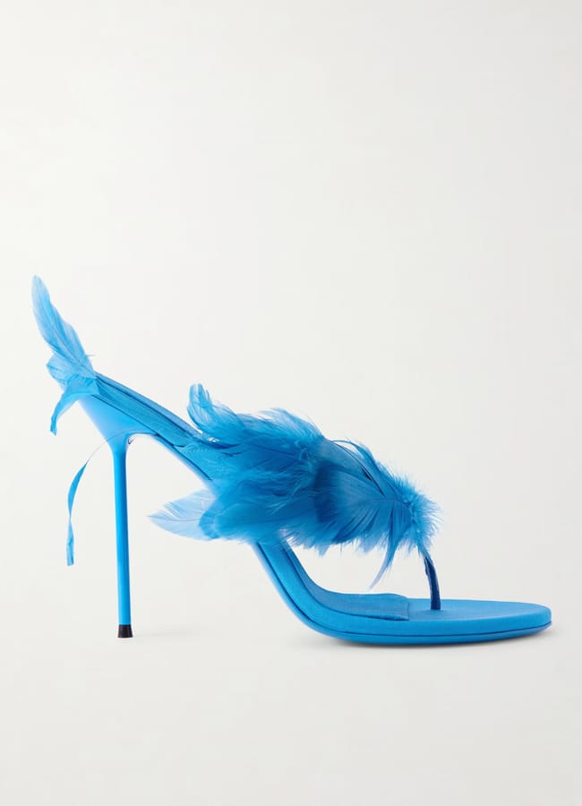 blue PARIS TEXAS Lidia feather-trimmed satin mules