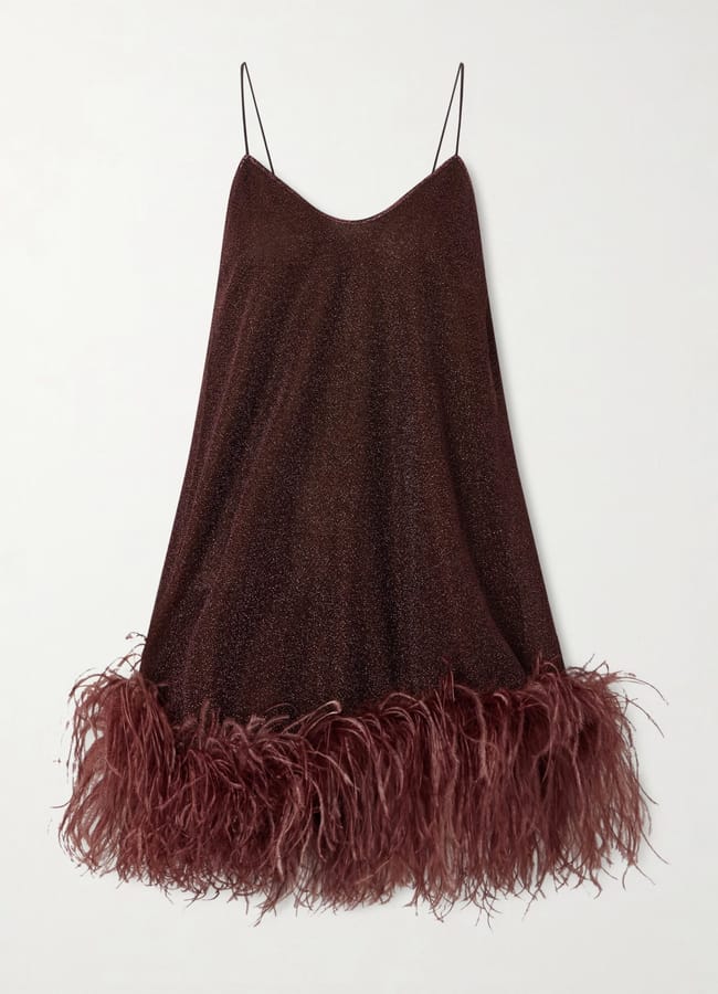 brown mini dress with feather trim