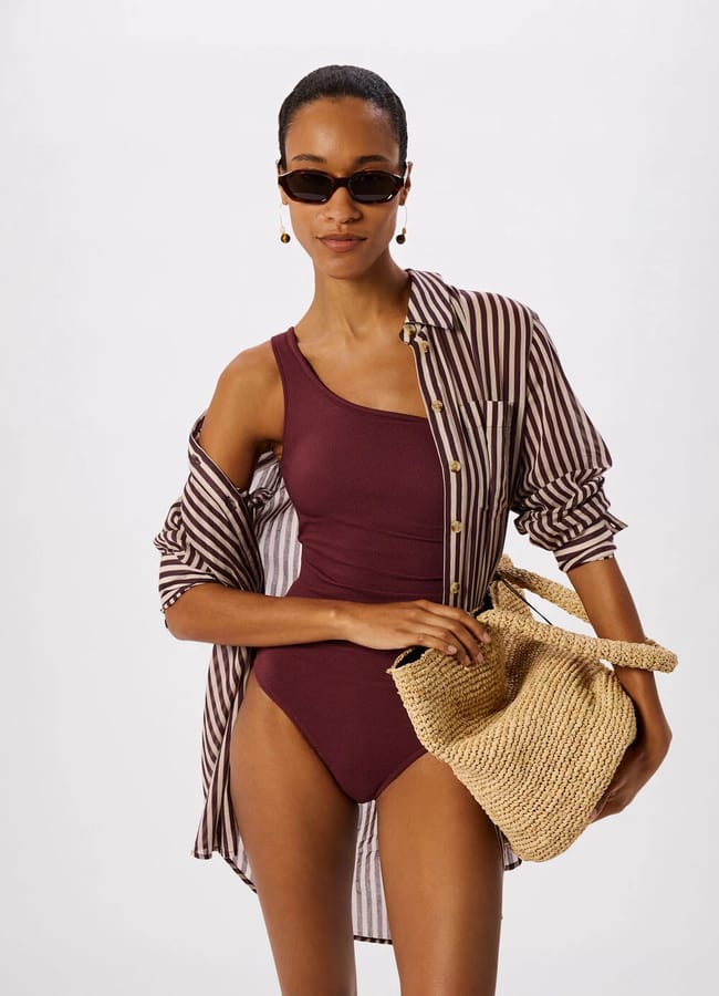 Plum Textured One Shoulder Swimsuit