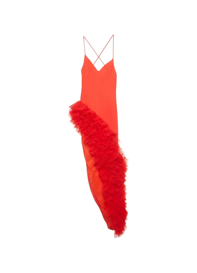 red strappy dress with asymmetric hem and feather trim