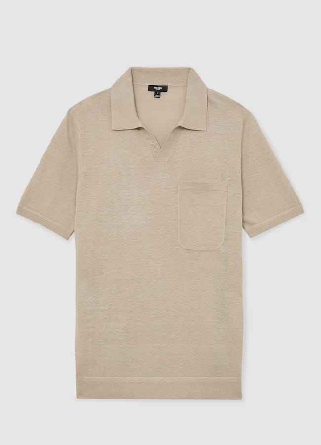 Reiss Fairmont Linen Open-Collar Knit Polo Shirt in Beige