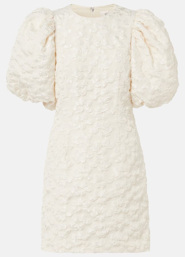 ivory jacquared puff sleeve mini dress for bridal wear
