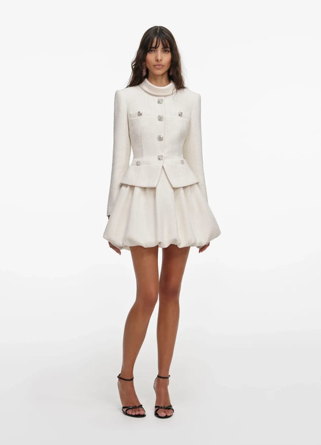 model wearing Cream Boucle Collared Mini Dress
