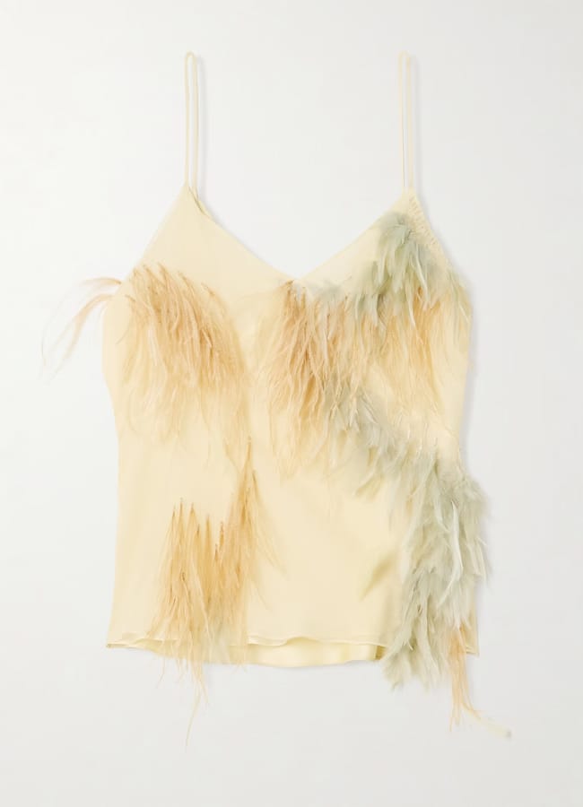 yellow SHARON WAUCHOB Feather-trimmed tulle and satin camisole