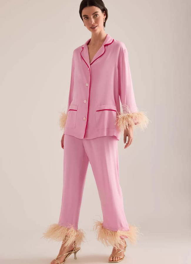 model wearing pink Sleeper Feather-Trimmed Party Pyjama Set