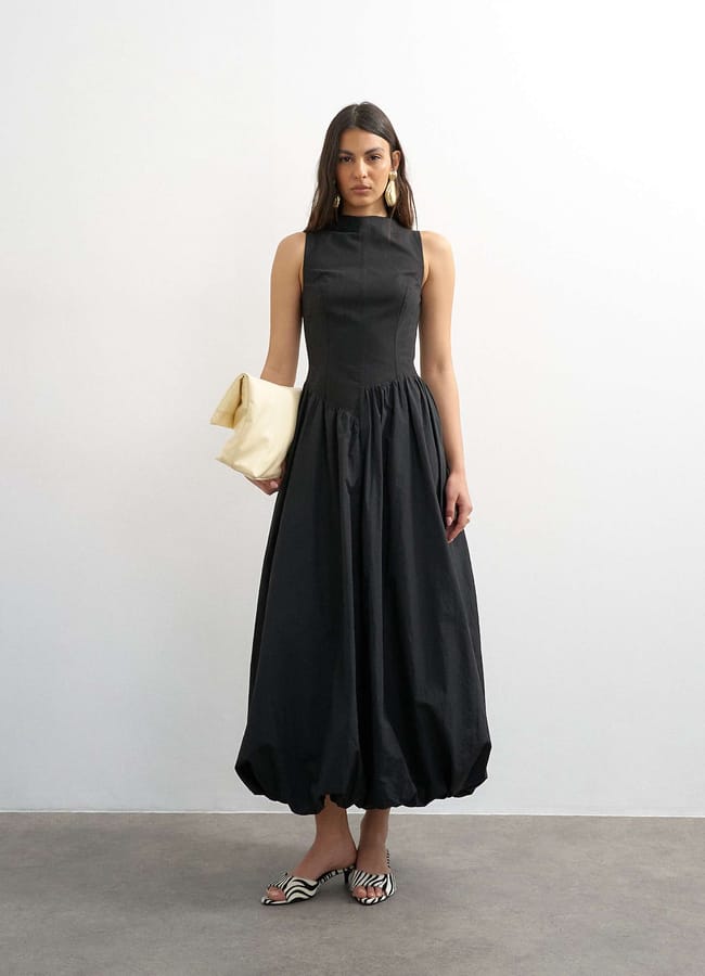 Topshop High neck asymmetric waist bubble hem maxi dress in black £85