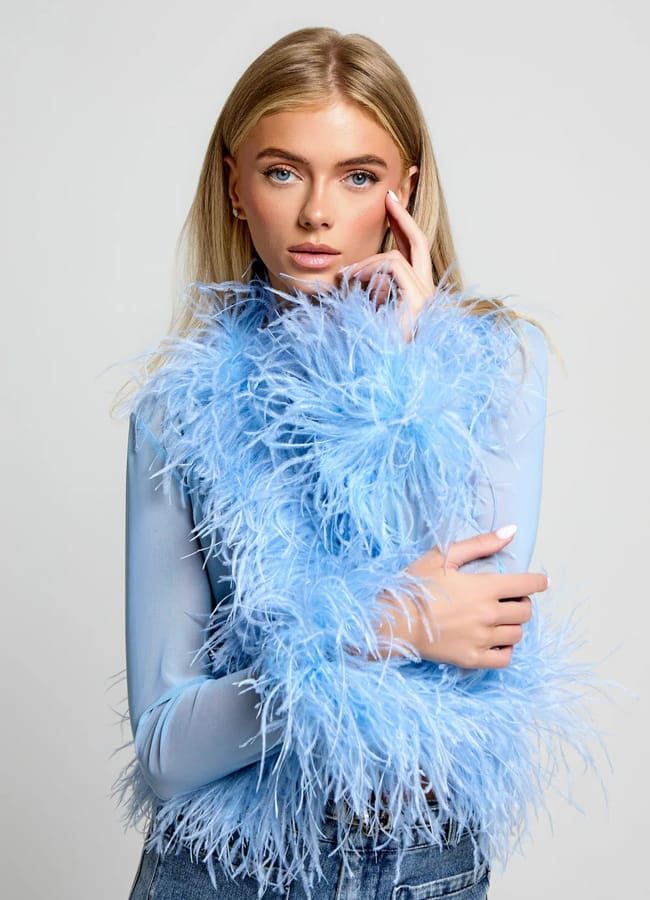 model wearing blue feather trimmed long sleeve top