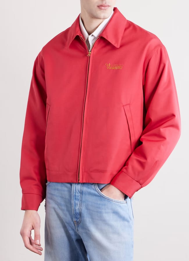 close up male model's torso wearing red VISVIM Kluane Logo-Embroidered Wool and Silk-Blend Blouson Jacket