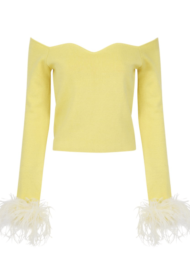 Butter Yellow Vanilla Knit Top With Detachable Feathers Cuffs