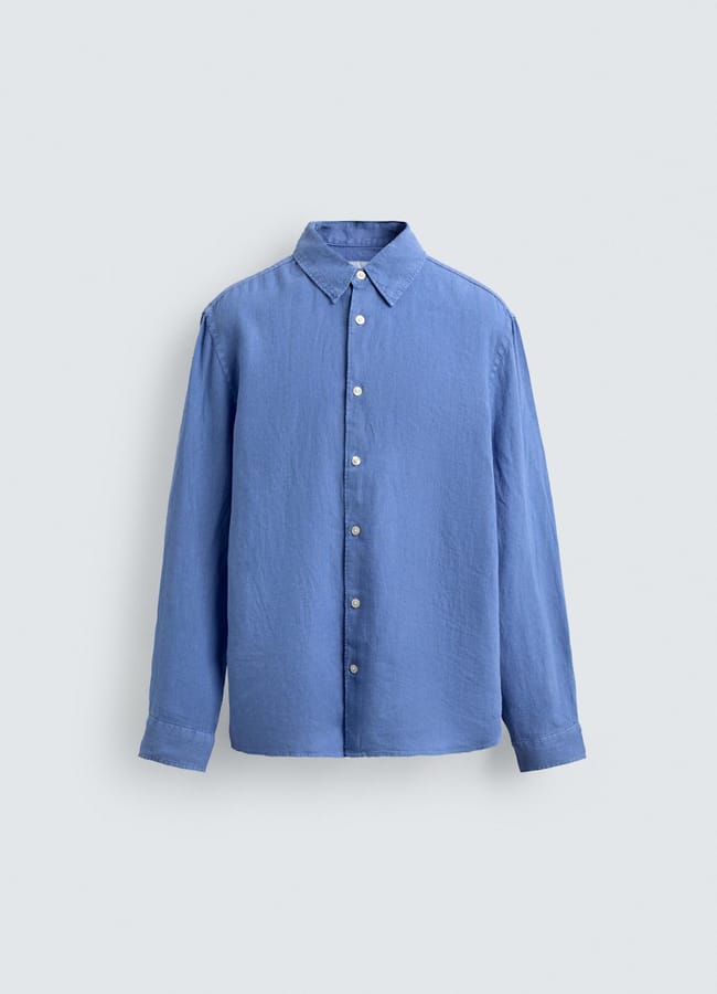 Zara 100% LINEN REGULAR FIT SHIRT in blue mid