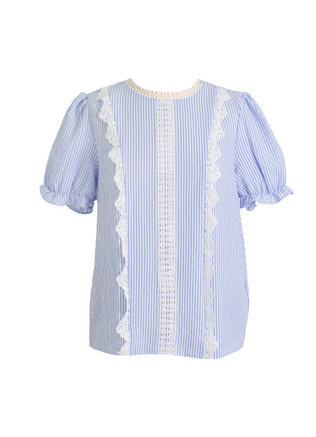 blue and white frilled and lace short sleeve blouse