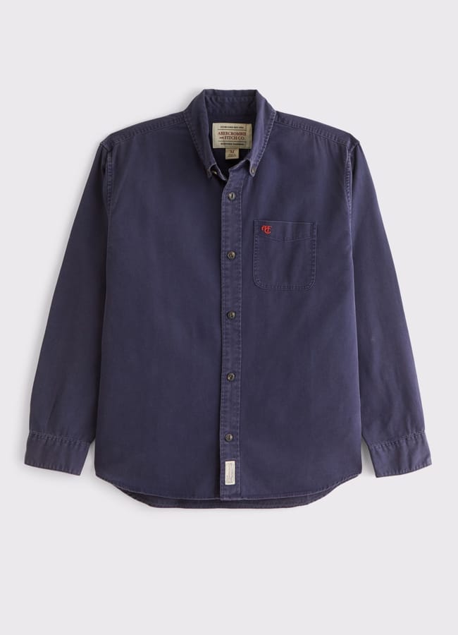 Abercrombie & Fitch Twill Logo Button-Up Shirt in navy