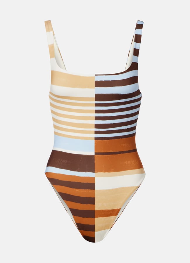 Cala de la Cruz Vienna striped swimsuit in brown, blue, cream shades