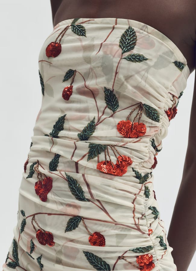 close up of Cherry-print mesh tube dress