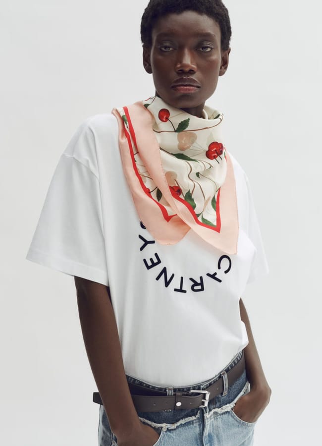 model wearing Cherry-print silk-blend scarf