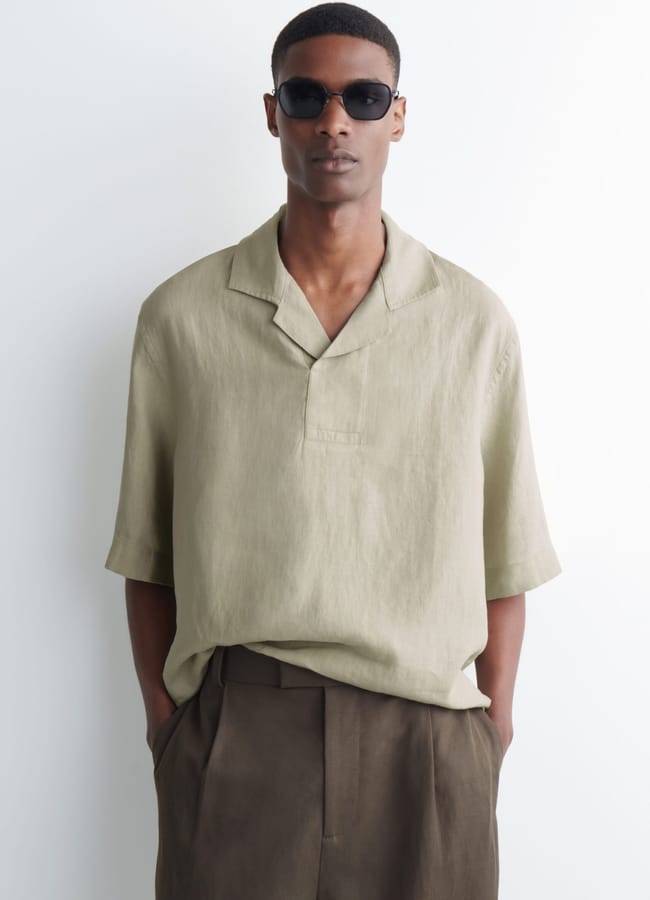 male model wearing Cos LINEN POPOVER SHIRT