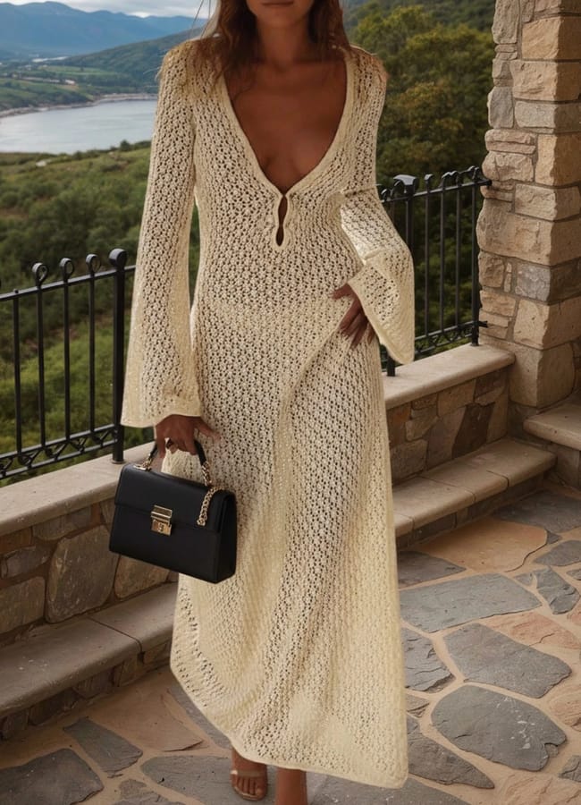 model wearing cream crochet knit maxi dress