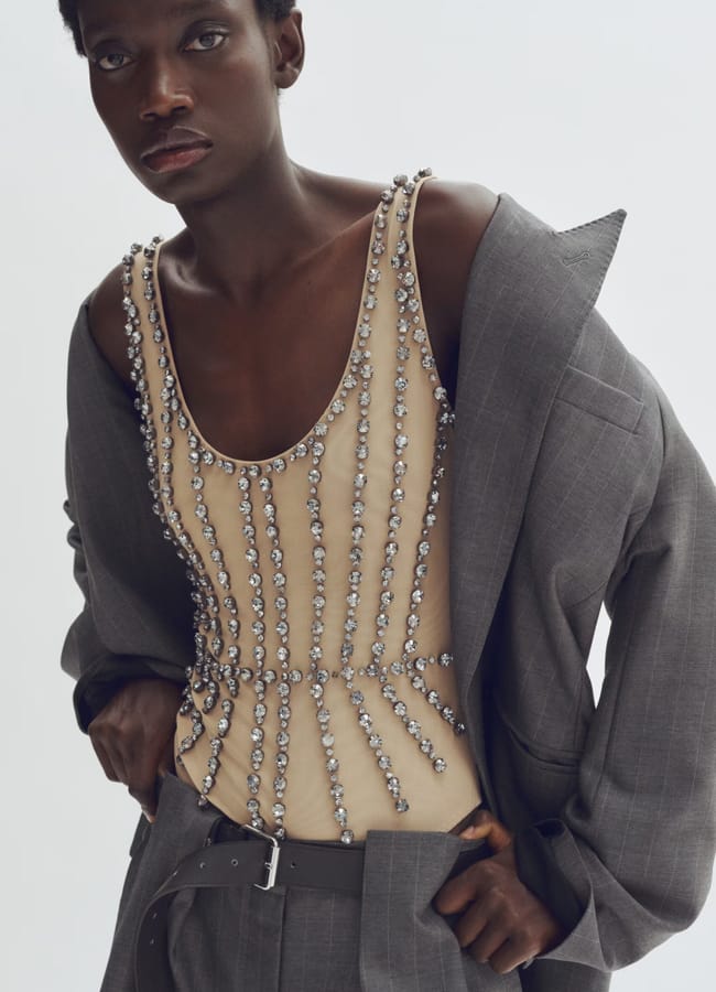 model wearing Crystal-embellished mesh body