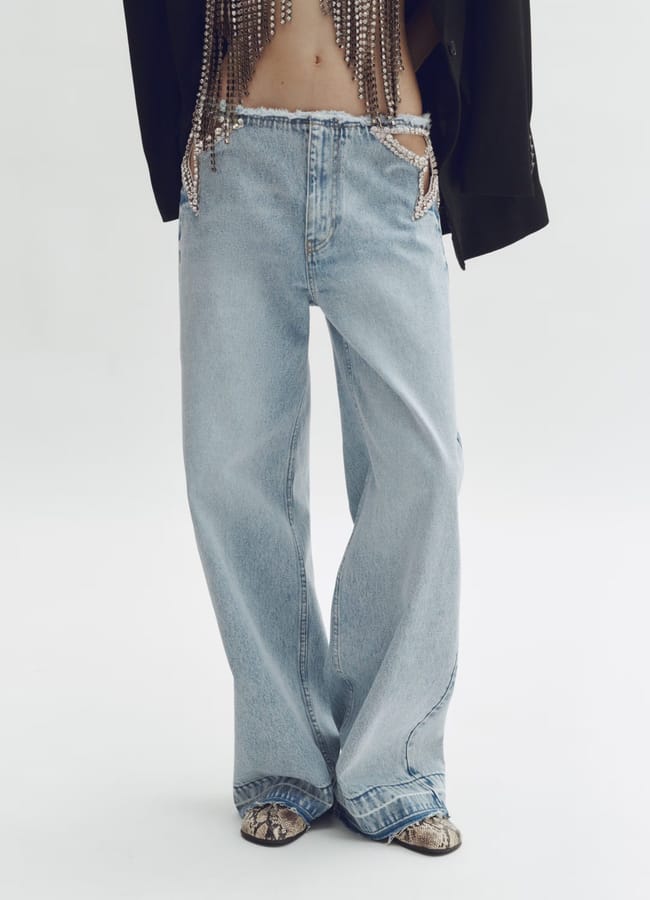 close up of model's legs wearing Crystal-star straight-leg jeans