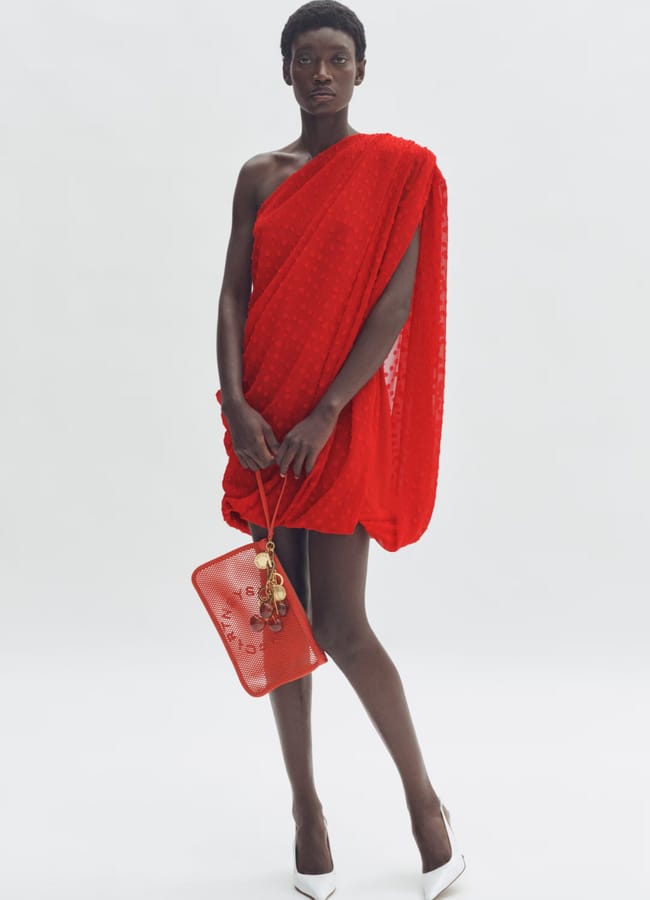 model wearing red Draped one-shoulder dress