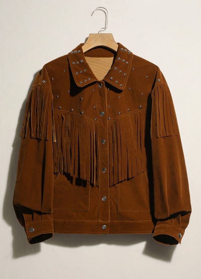 brown suede Easelle Stylish Retro Studded And Tassel-Decorated Jacket, Brown Retro Nomad Jacket With Studs, Autumn/Winter 2025 Holiday Style