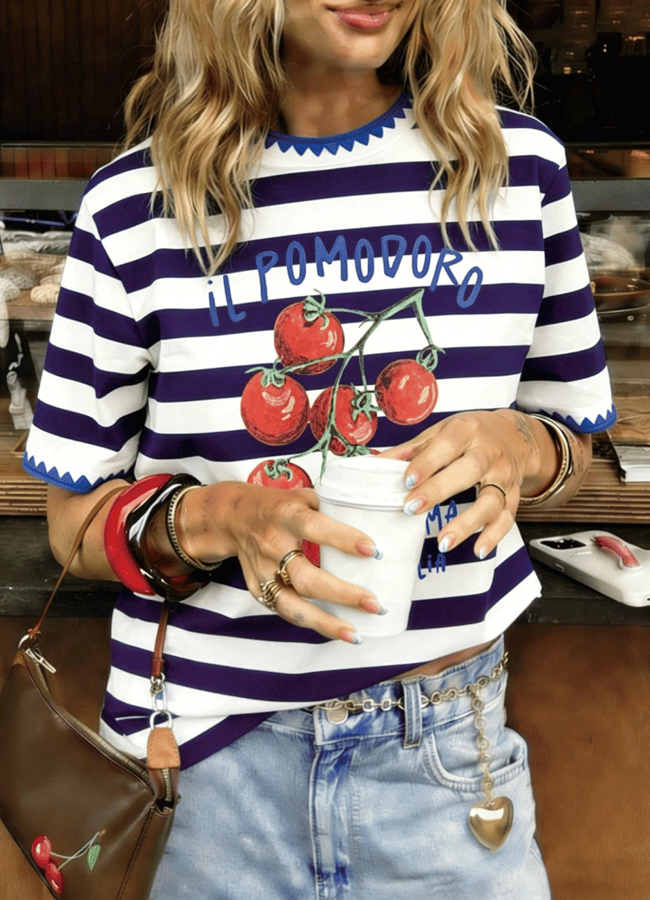 close up of model wearing EMERY ROSE Women's Striped & Tomato Print T-Shirt / Casual Daily Wear / Summer
