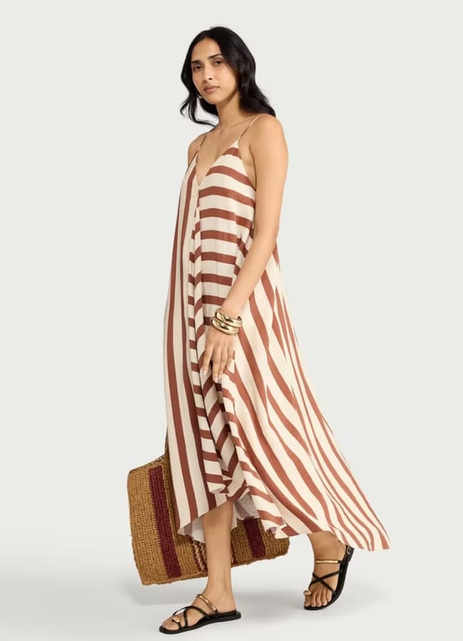 MODEL WEARING F&F F&F Striped Hanky Hem Maxi Dress in Multi Brown