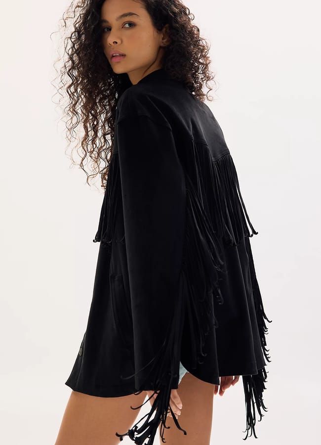 model wearing black FP We The Free Fringe Out Vegan Suede Jacket